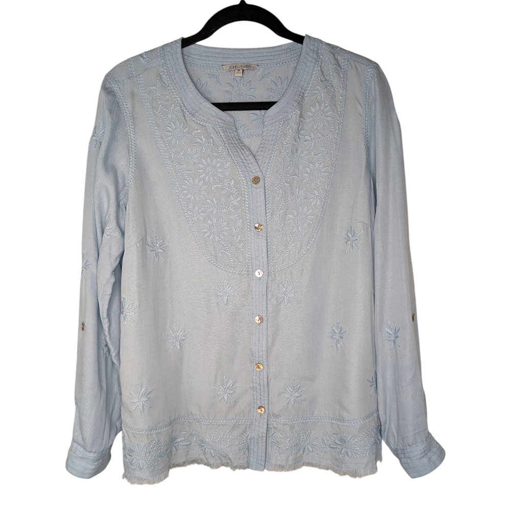 John Mark Embroidered Button Front Long Sleeve Light Blue